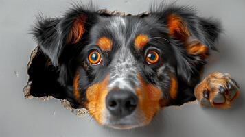 AI generated A Heeler dog is poking its head through a hole in a white wall. Generated by artificial intelligence. photo