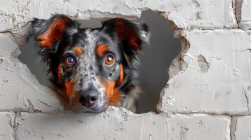 ai generado un tacón perro es hurgando sus cabeza mediante un agujero en un blanco pared. generado por artificial inteligencia. foto