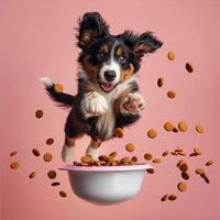 ai generado un contento perro perrito saltando por un cuenco lleno de volador croquetas en un pastel antecedentes. levitación. generado por artificial inteligencia. foto