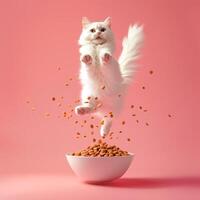 ai generado un contento gato saltando por un cuenco lleno de volador croquetas en un pastel antecedentes. levitación. generado por artificial inteligencia. foto