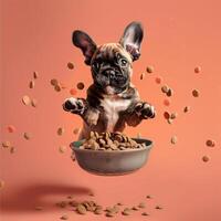 AI generated A happy dog puppy jumping by a bowl full of flying kibble on a pastel background. Levitation. Generated by artificial intelligence. photo