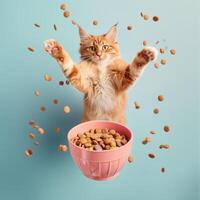 AI generated A  happy cat jumping by a bowl full of flying kibble on a pastel background. Levitation. Generated by artificial intelligence. photo