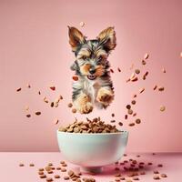 AI generated A happy dog puppy jumping by a bowl full of flying kibble on a pastel background. Levitation. Generated by artificial intelligence. photo