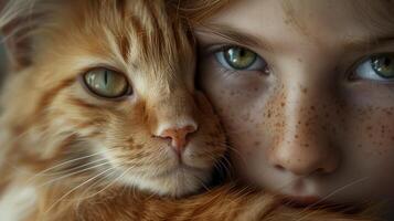 AI generated A closeup portrait of an orange cat with white spots, next to a young freckled girl. Generated by artificial intelligence. photo