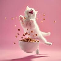 AI generated A  happy cat jumping by a bowl full of flying kibble on a pastel background. Levitation. Generated by artificial intelligence. photo