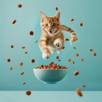 AI generated A  happy cat jumping by a bowl full of flying kibble on a pastel background. Levitation. Generated by artificial intelligence. photo