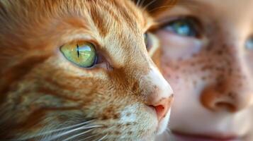 AI generated A closeup portrait of an orange cat with white spots, next to a young freckled girl. Generated by artificial intelligence. photo