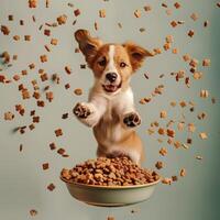 AI generated A happy dog puppy jumping by a bowl full of flying kibble on a pastel background. Levitation. Generated by artificial intelligence. photo