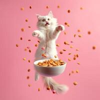 AI generated A  happy cat jumping by a bowl full of flying kibble on a pastel background. Levitation. Generated by artificial intelligence. photo