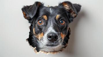 ai generado un tacón perro es hurgando sus cabeza mediante un agujero en un blanco pared. generado por artificial inteligencia. foto