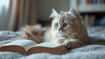 AI generated A cute cat lying on the bed, with a book under its paws. The little kitten with white long fur. Generated by artificial intelligence. photo