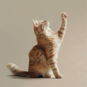 AI generated A cat sitting on a light pastel background, cat's eyes look upwards, raising one paw. Generated by artificial intelligence. photo