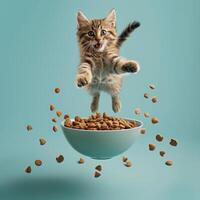 AI generated A  happy cat jumping by a bowl full of flying kibble on a pastel background. Levitation. Generated by artificial intelligence. photo