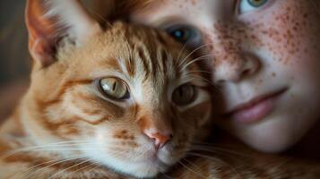 AI generated A closeup portrait of an orange cat with white spots, next to a young freckled girl. Generated by artificial intelligence. photo