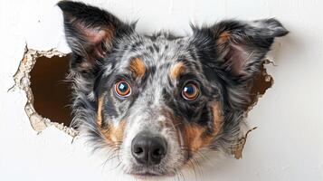 ai generado un tacón perro es hurgando sus cabeza mediante un agujero en un blanco pared. generado por artificial inteligencia. foto