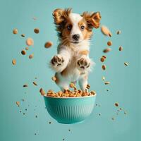 AI generated A happy dog puppy jumping by a bowl full of flying kibble on a pastel background. Levitation. Generated by artificial intelligence. photo