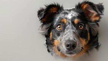 ai generado un tacón perro es hurgando sus cabeza mediante un agujero en un blanco pared. generado por artificial inteligencia. foto