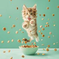 AI generated A  happy cat jumping by a bowl full of flying kibble on a pastel background. Levitation. Generated by artificial intelligence. photo