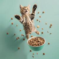 AI generated A  happy cat jumping by a bowl full of flying kibble on a pastel background. Levitation. Generated by artificial intelligence. photo