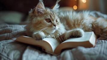 AI generated A cute cat lying on the bed, with a book under its paws. The little kitten with white long fur. Generated by artificial intelligence. photo