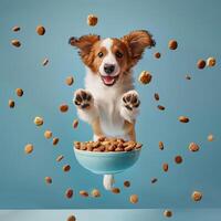 AI generated A happy dog puppy jumping by a bowl full of flying kibble on a pastel background. Levitation. Generated by artificial intelligence. photo