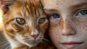 AI generated A closeup portrait of an orange cat with white spots, next to a young freckled girl. Generated by artificial intelligence. photo