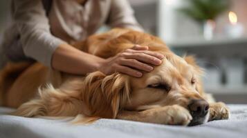 ai generado un foto de un mujer manos haciendo un profesional masaje en el espalda de un perro. generado por artificial inteligencia.