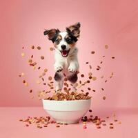 AI generated A happy dog puppy jumping by a bowl full of flying kibble on a pastel background. Levitation. Generated by artificial intelligence. photo