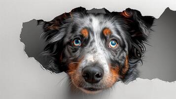 AI generated A Heeler dog is poking its head through a hole in a white wall. Generated by artificial intelligence. photo