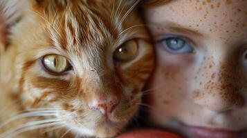AI generated A closeup portrait of an orange cat with white spots, next to a young freckled girl. Generated by artificial intelligence. photo