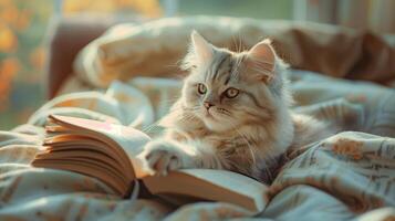 AI generated A cute cat lying on the bed, with a book under its paws. The little kitten with white long fur. Generated by artificial intelligence. photo
