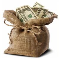 AI generated A jute money bag with dollar bills. Finance, cash, money, white background. Generated by artificial intelligence. photo