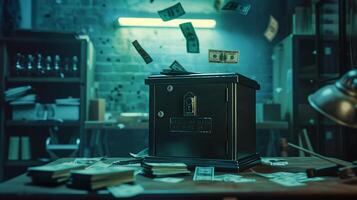 AI generated A safe with money on a table in an office. Money flying over the safe. Finance, cash, money. Generated by artificial intelligence. photo