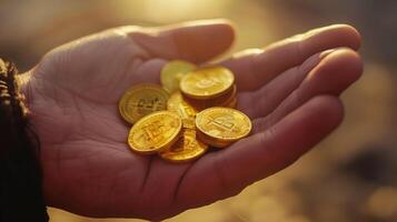 AI generated A mans hand giving gold coins. Finance, cash, money. Generated by artificial intelligence. photo