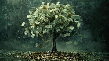 ai generado un árbol hecho de dólar facturas. negocio financiero apoyo. generado por artificial inteligencia. foto