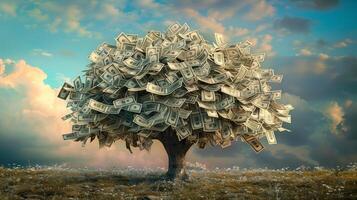 AI generated A tree made of dollar bills. Business financial support. Generated by artificial intelligence. photo