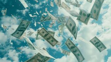 AI generated Many dollar bills in the sky styled. Finance, cash, money. Generated by artificial intelligence. photo