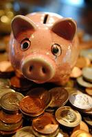 AI generated A piggy bank with a lot of coins on a table. Finance, cash, money. Generated by artificial intelligence. photo