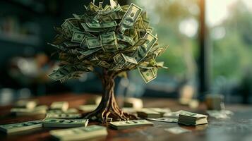 AI generated A tree made of dollar bills. Business financial support. Generated by artificial intelligence. photo