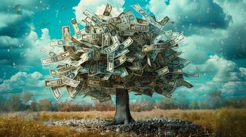 AI generated A tree made of dollar bills. Business financial support. Generated by artificial intelligence. photo