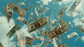 AI generated Many dollar bills in the sky styled. Finance, cash, money. Generated by artificial intelligence. photo