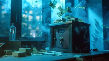 AI generated A safe with money on a table in an office. Money flying over the safe. Finance, cash, money. Generated by artificial intelligence. photo