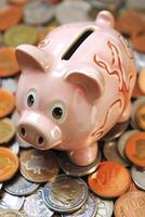 AI generated A piggy bank with a lot of coins on a table. Finance, cash, money. Generated by artificial intelligence. photo