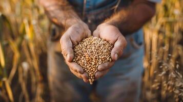 AI generated Photo of hands holding grains, focus on the texture and color of wheat with blurred background of farmland. Generated by artificial intelligence.