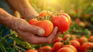 AI generated A farmer's male hands picking tomato harvest. Morning sunlight, fresh and healthy, vegetables. Generated by artificial intelligence. photo