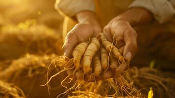 AI generated Ginseng roots in the hands of a farmer, warm sunlight, closeup shot. Generated by artificial intelligence. photo