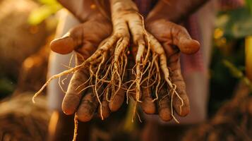 AI generated Ginseng roots in the hands of a farmer, warm sunlight, closeup shot. Generated by artificial intelligence. photo