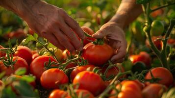 AI generated A farmer's male hands picking tomato harvest. Morning sunlight, fresh and healthy, vegetables. Generated by artificial intelligence. photo