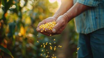 AI generated A photo of a agriculture farmer holding corn grains in his hand. Generated by artificial intelligence.