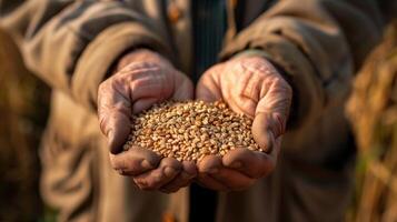 AI generated Photo of hands holding grains, focus on the texture and color of wheat with blurred background of farmland. Generated by artificial intelligence.